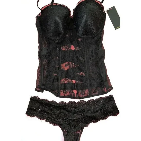Victoria's Secret DESIGNER COLLECTION 36C CORSET bustier L thong BLACK crystal